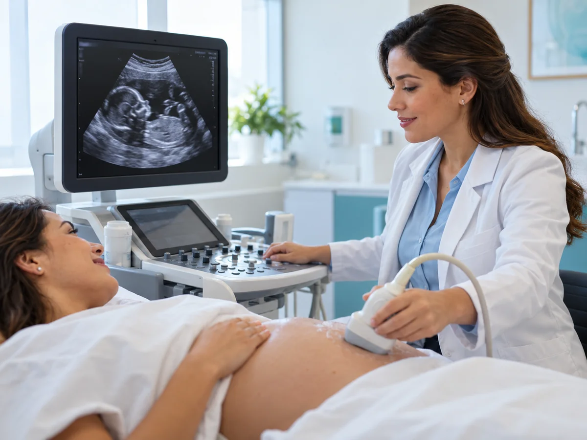 Imagem ilustrativa de ultrassom morfológico com imagem fetal no monitor